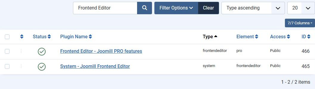 Plugins filtered on Article Form Builder: the system plugin and the PRO features plugin